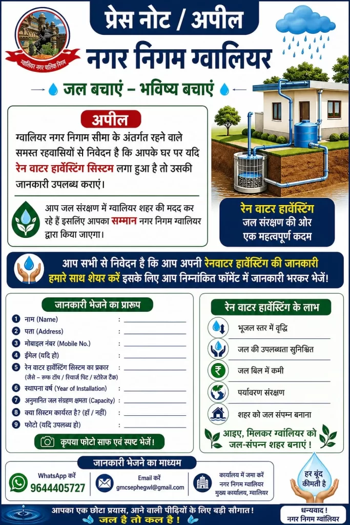 ग्वालियर में जल संरक्षण की अनोखी पहल: रेन वाटर हार्वेस्टिंग करने वाले नागरिक होंगे सम्मानित